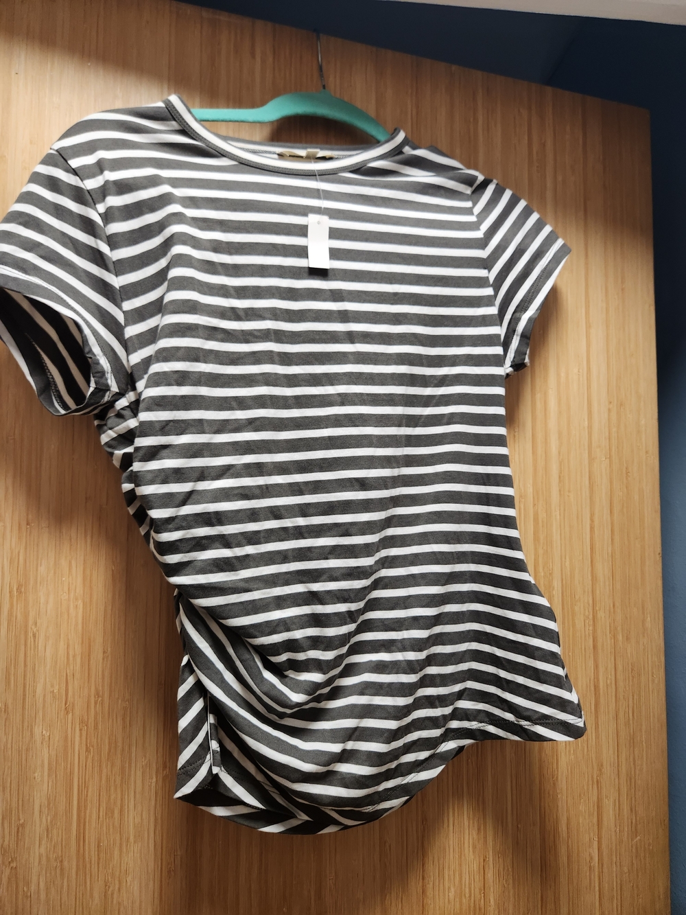 Madewell Side Ruched Crewneck Tee Shirt Grey White Stripe NWT Medium NZ394